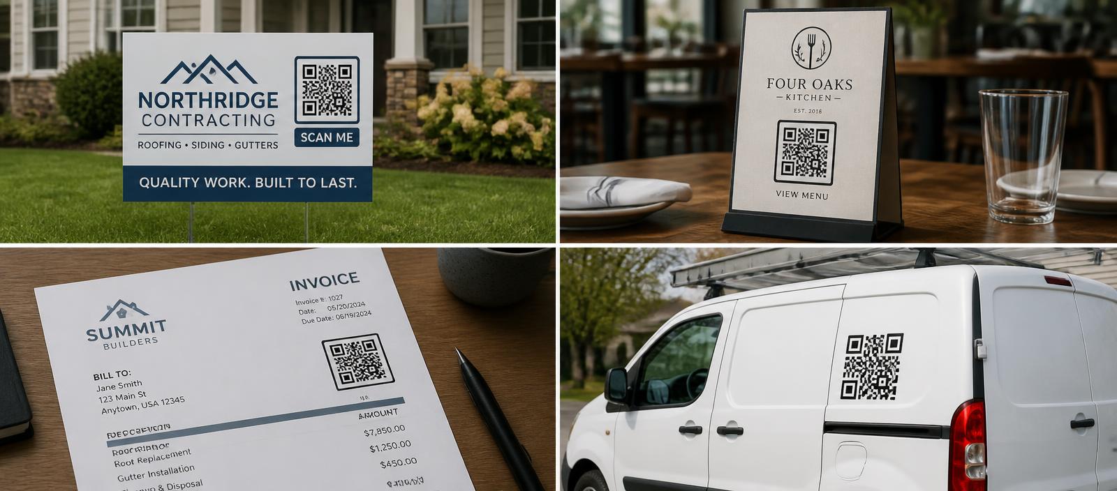 QR codes shown on a contractor yard sign, restaurant menu card, invoice, and work van